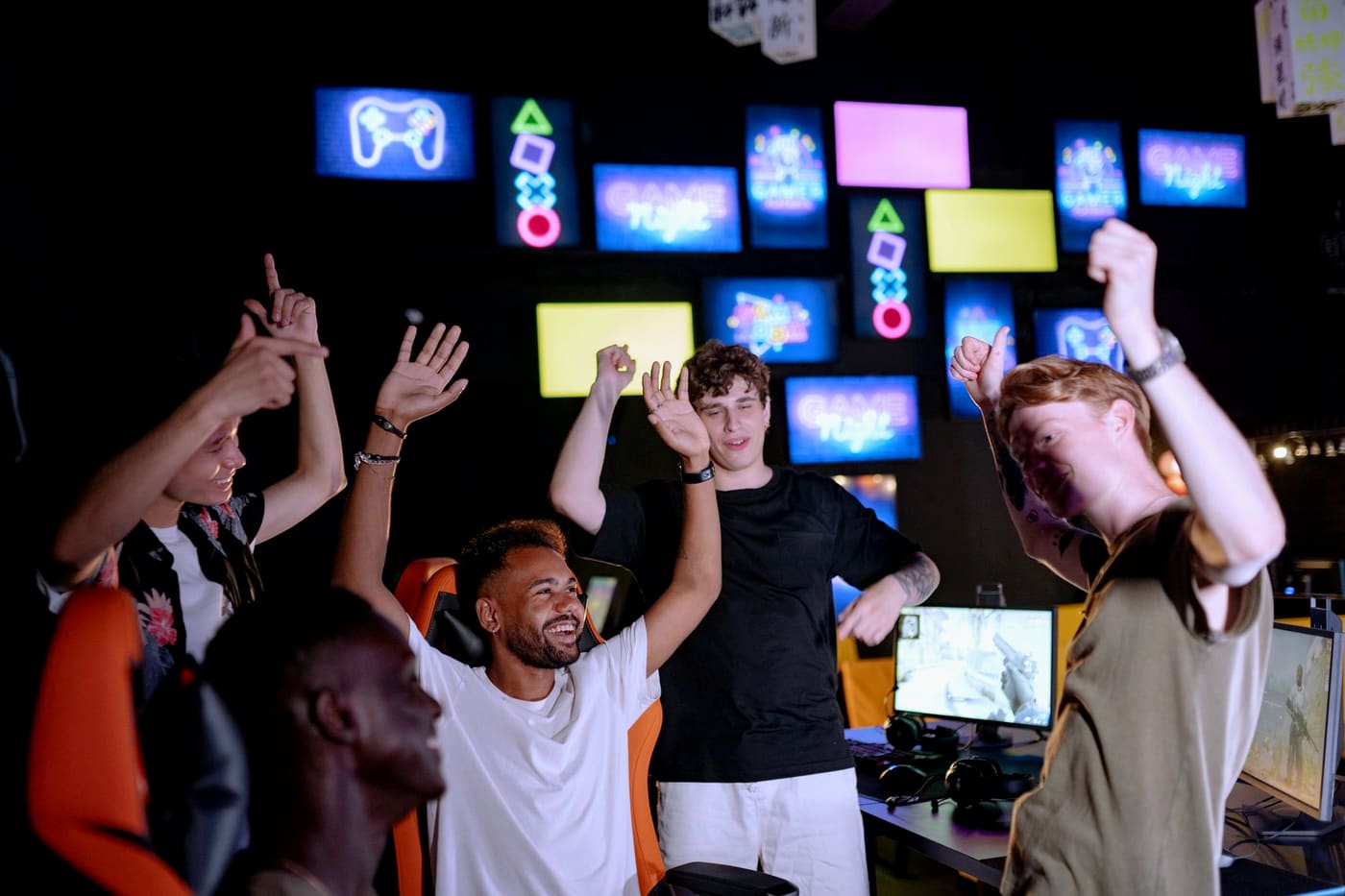 A group of players celebrating together after a match